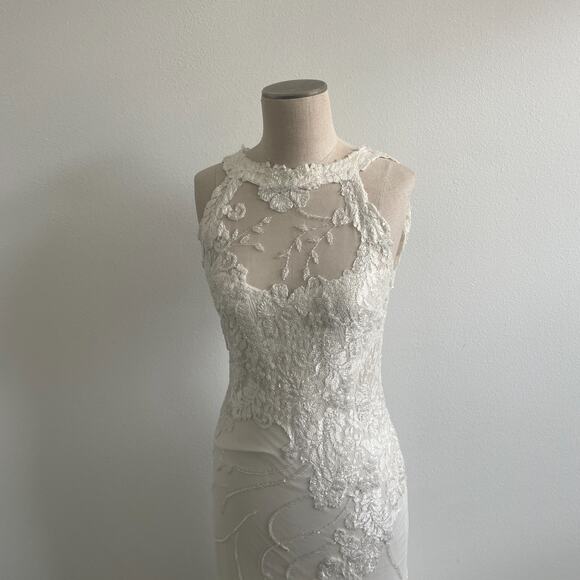 Lorre Bethke Wedding Dress Women M White High Neck Beaded Beach Side Slit - Picture 15 of 16